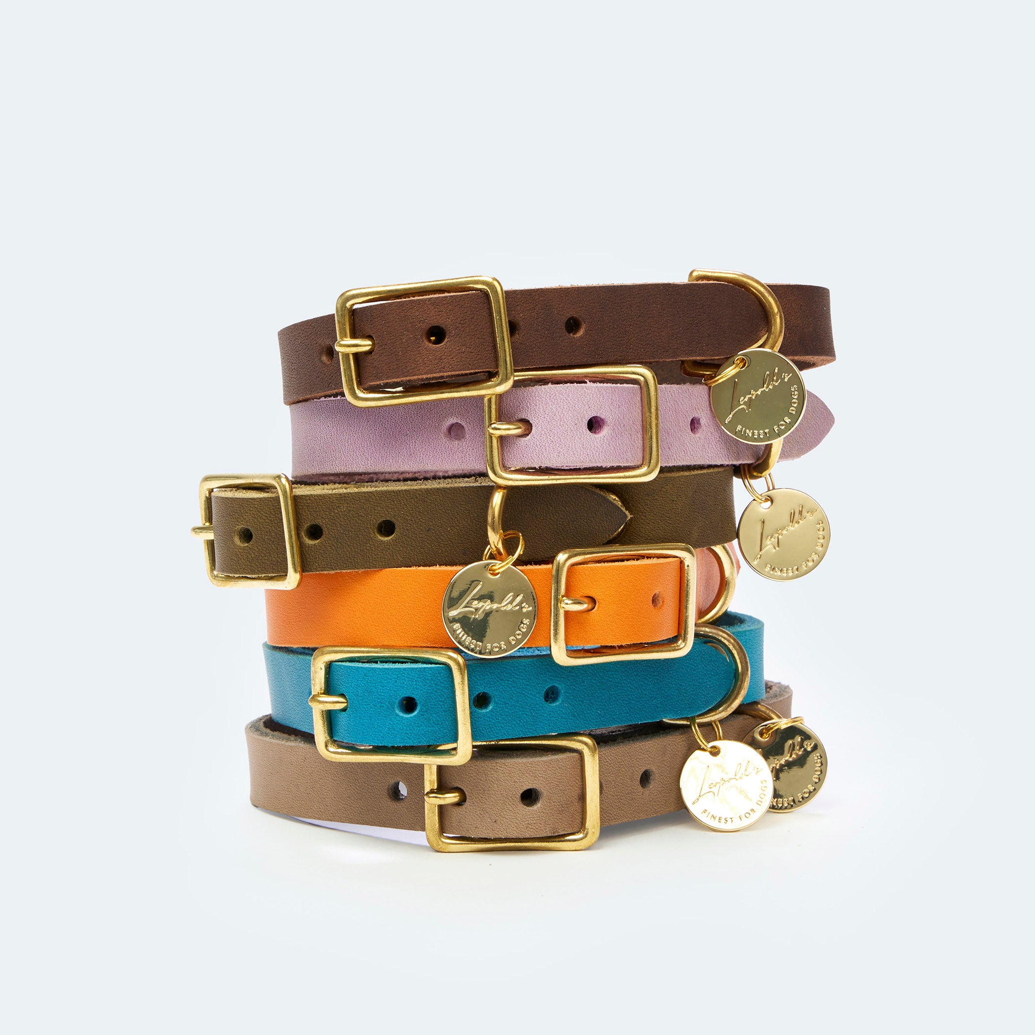 Leopolds-Finest-Hundehalsband-Fettleder gestapelt [Orange-Gold, Petrol-Gold, Flieder-Gold, Taupe-Gold, Dunkelbraun-Gold, Oliv-Gold]