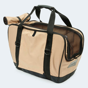 Fahrradtasche für Hunde in beige Sonnenschutz aufgerollt Netz und Seiten geschlossen