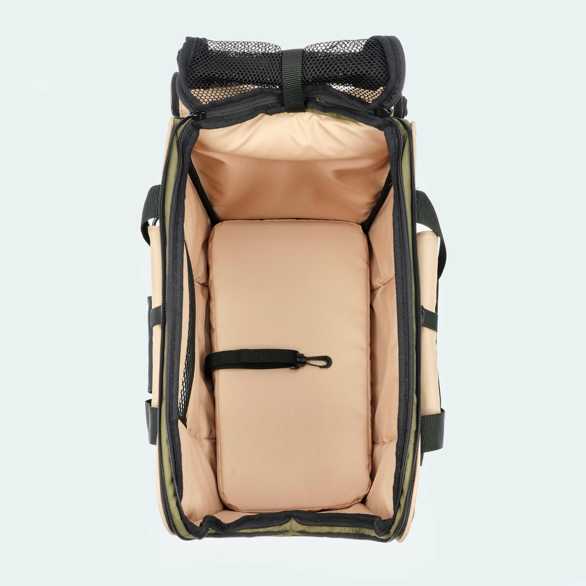 Fahrradtasche für Hunde in oliv von oben fotografiert alles offen
