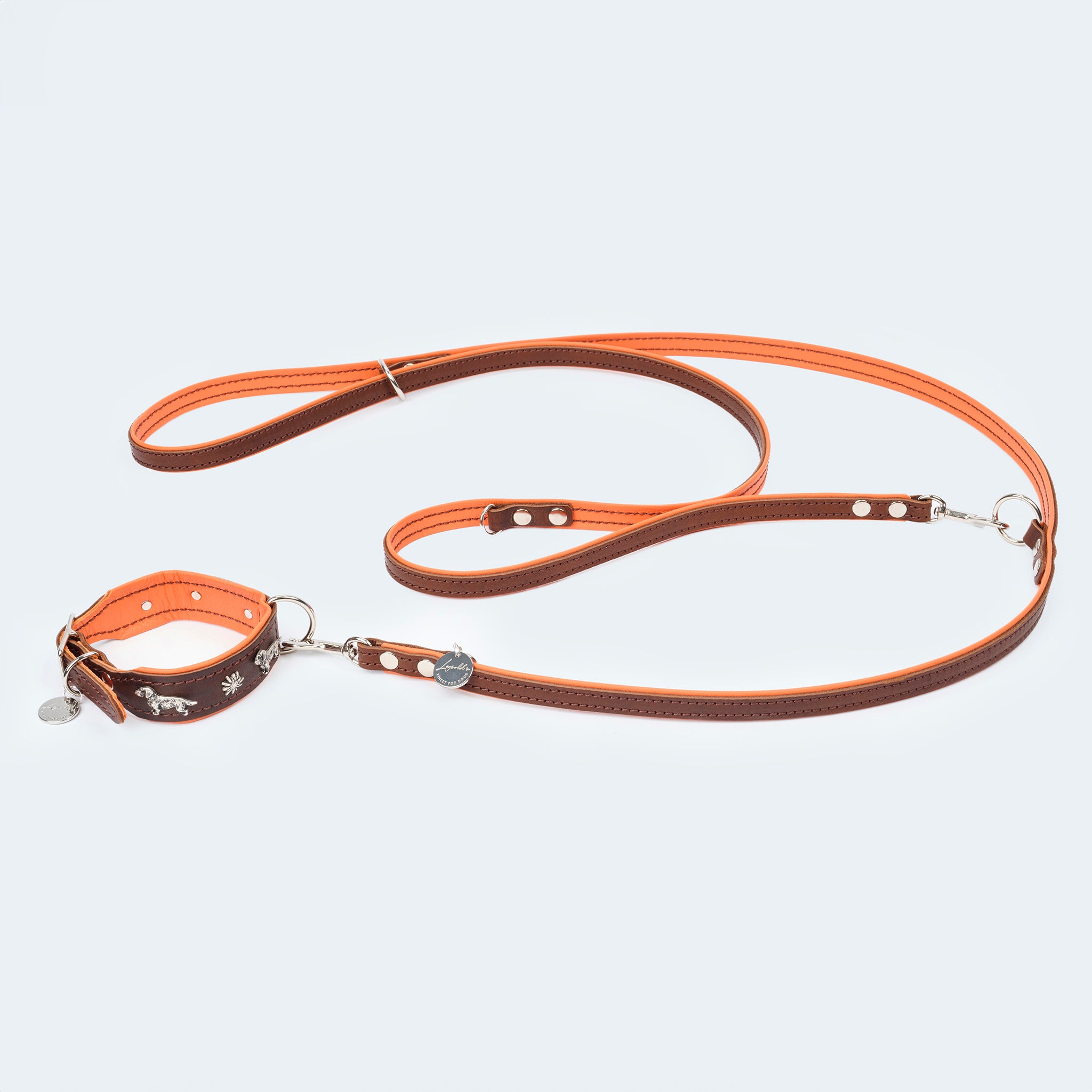 Lederleine aus pflanzlich gegerbten Rindsleder in dunkelbraun und orange. Metallteile sind aus hochwertigem Edelstahl. Lederleine mit farblich passendem Hundehalsband.